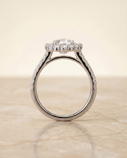 The Fiona Shared Prong Halo Oval Engagement Ring Setting in Platinum