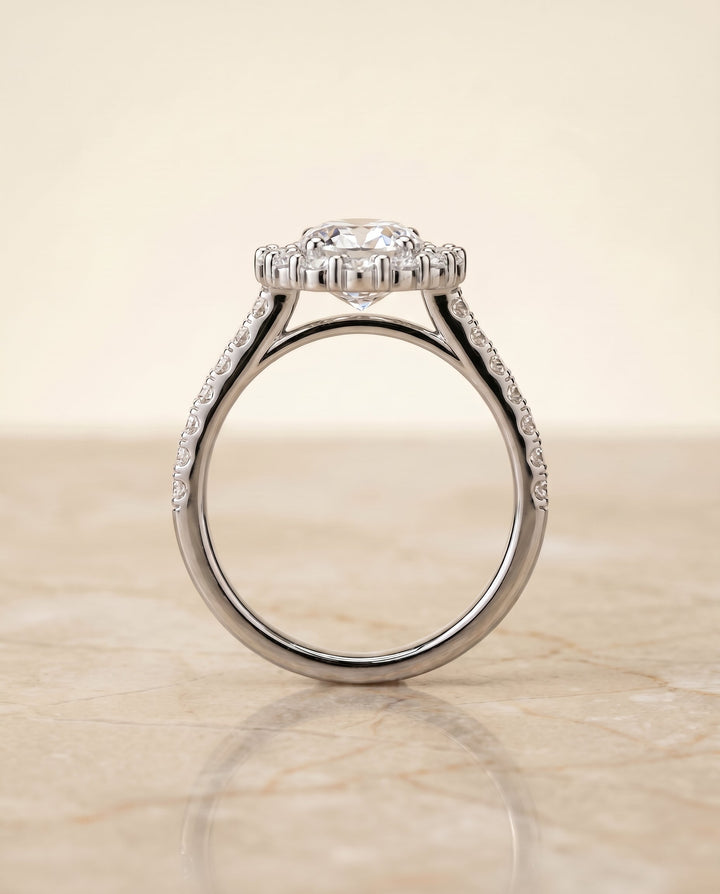 Fiona Select Halo Oval Lab Diamond Engagement Ring in 18K White Gold, side view | RockHer