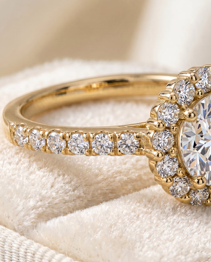 The Fiona Shared Prong Halo Round Engagement Ring Setting in 18K Yellow Gold