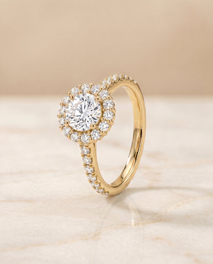 The Fiona Shared Prong Halo Round Engagement Ring Setting in 18K Yellow Gold