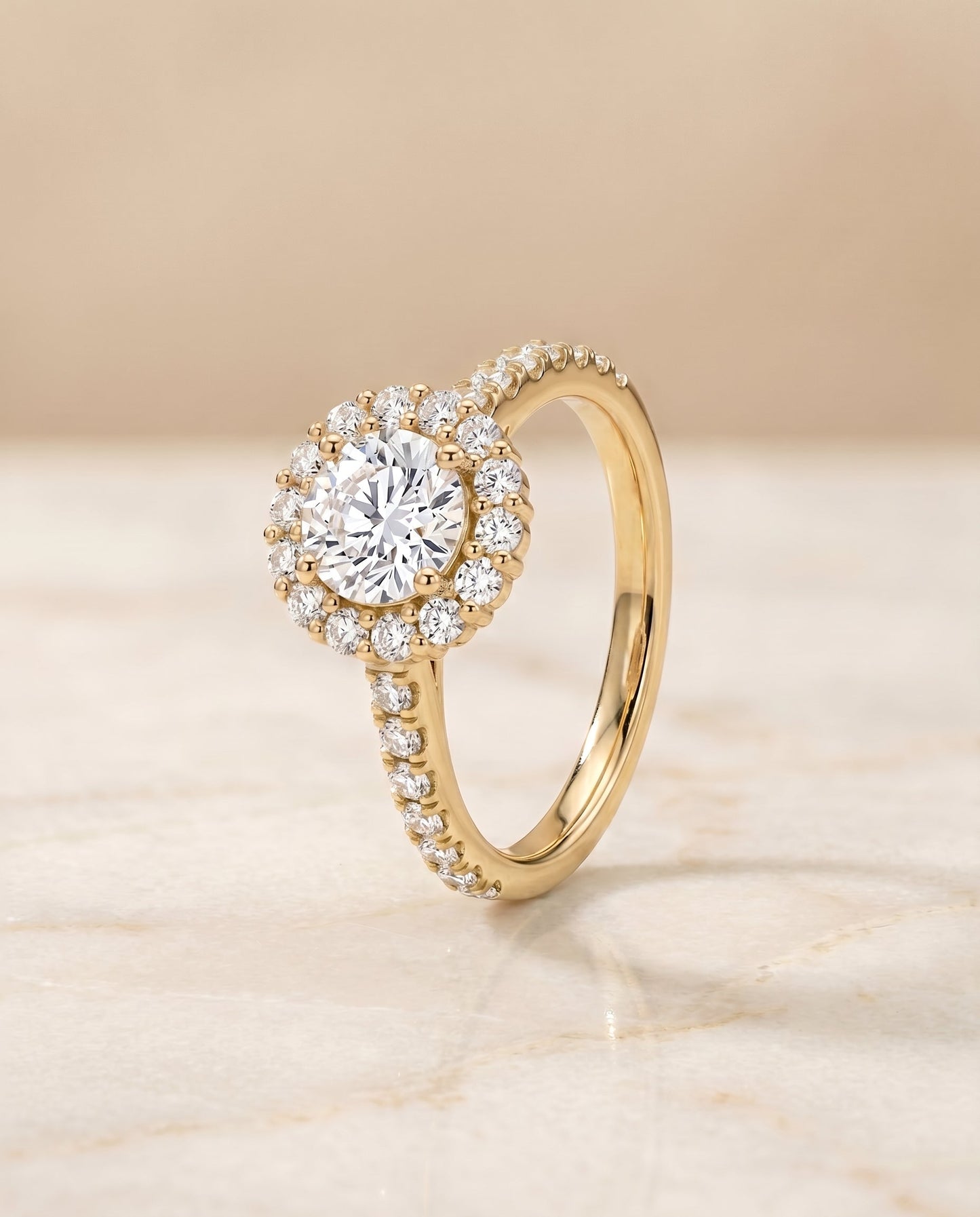 Fiona Select Halo Round Lab Diamond Engagement Ring in 18K Yellow Gold, front view | RockHer