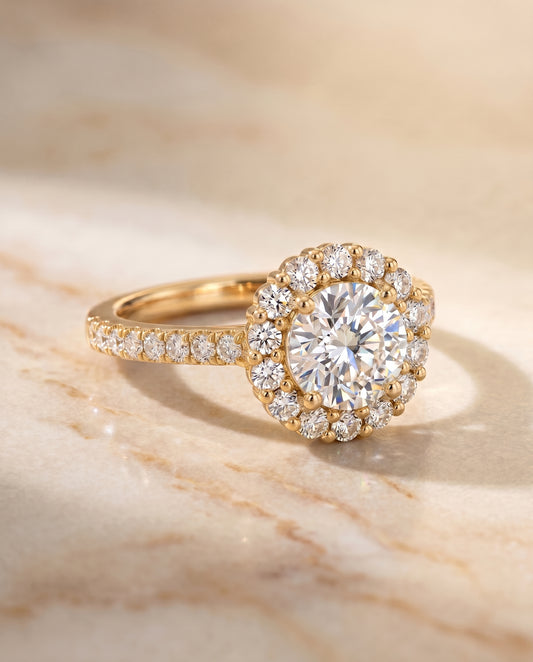 The Fiona Halo Engagement Ring Setting for Round Diamonds in 18K Yellow Gold