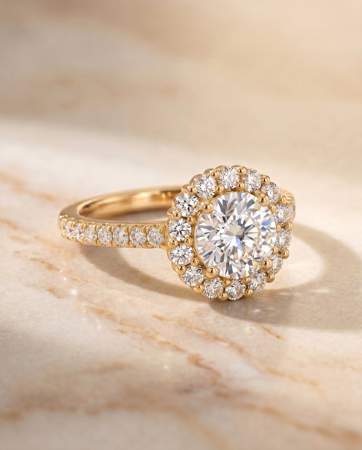 The Fiona Shared Prong Halo Round Engagement Ring Setting in 18K Yellow Gold