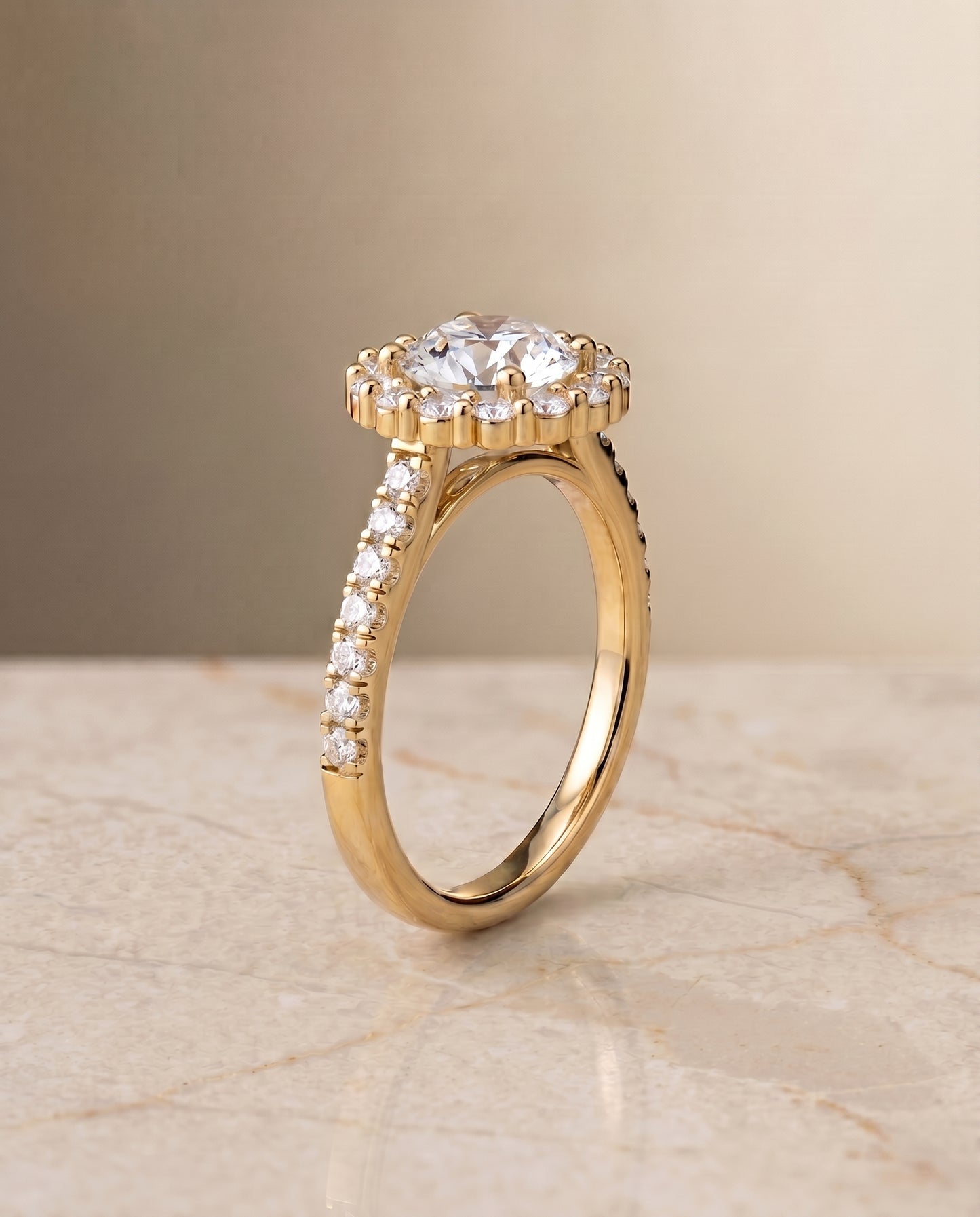 The Fiona Shared Prong Halo Round Engagement Ring Setting in 18K Yellow Gold