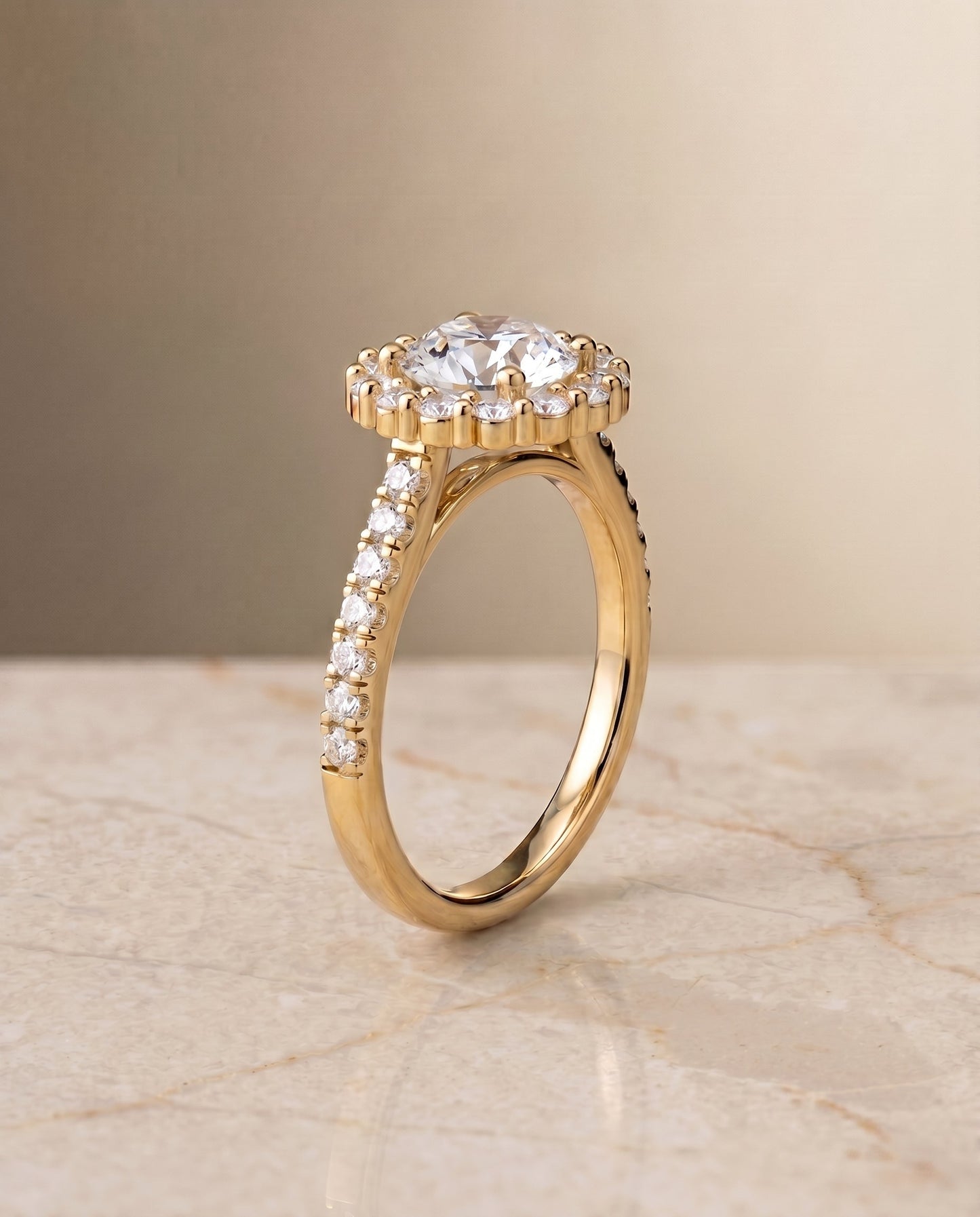 Fiona Select Halo Round Lab Diamond Engagement Ring in 18K Yellow Gold, shown on hand, angled | RockHer