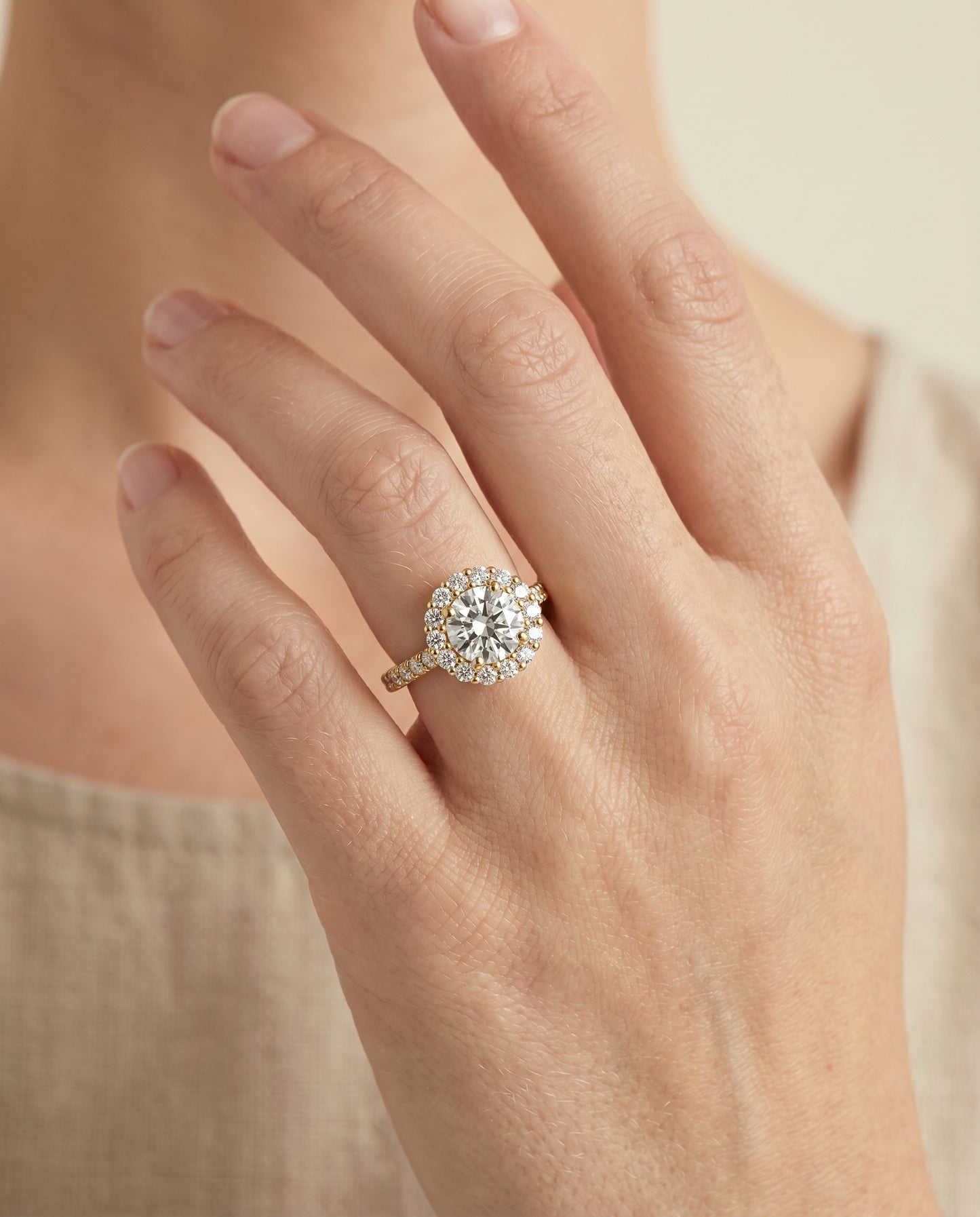 The Fiona Shared Prong Halo Round Engagement Ring Setting in 18K Yellow Gold