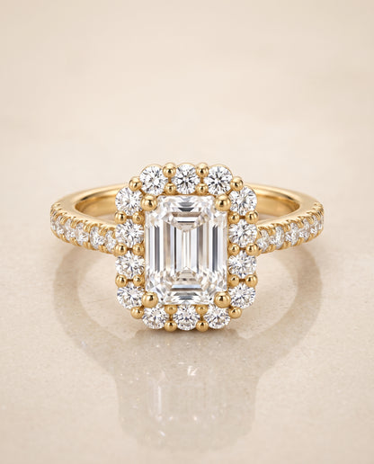The Fiona Shared Prong Halo Emerald Cut Engagement Ring Setting in 18K Yellow Gold