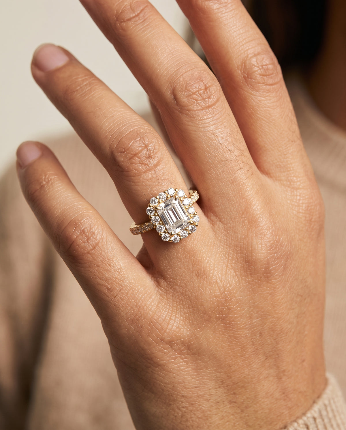The Fiona engagement ring setting in 18K Yellow Gold, shared prong halo cut design | RockHer