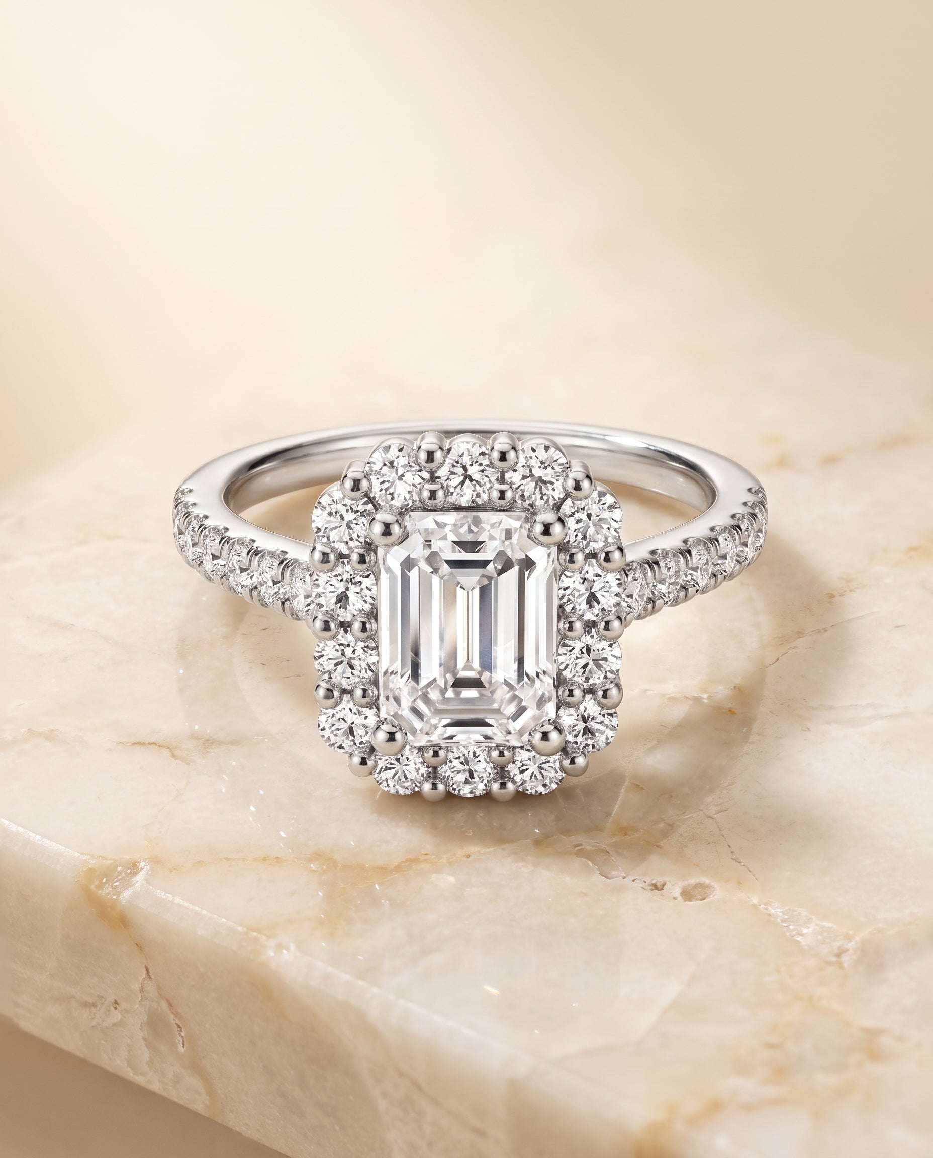 The Fiona Shared Prong Halo Emerald Cut Engagement Ring Setting in 18K White Gold