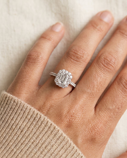 The Fiona Shared Prong Halo Emerald Cut Engagement Ring Setting in 18K White Gold