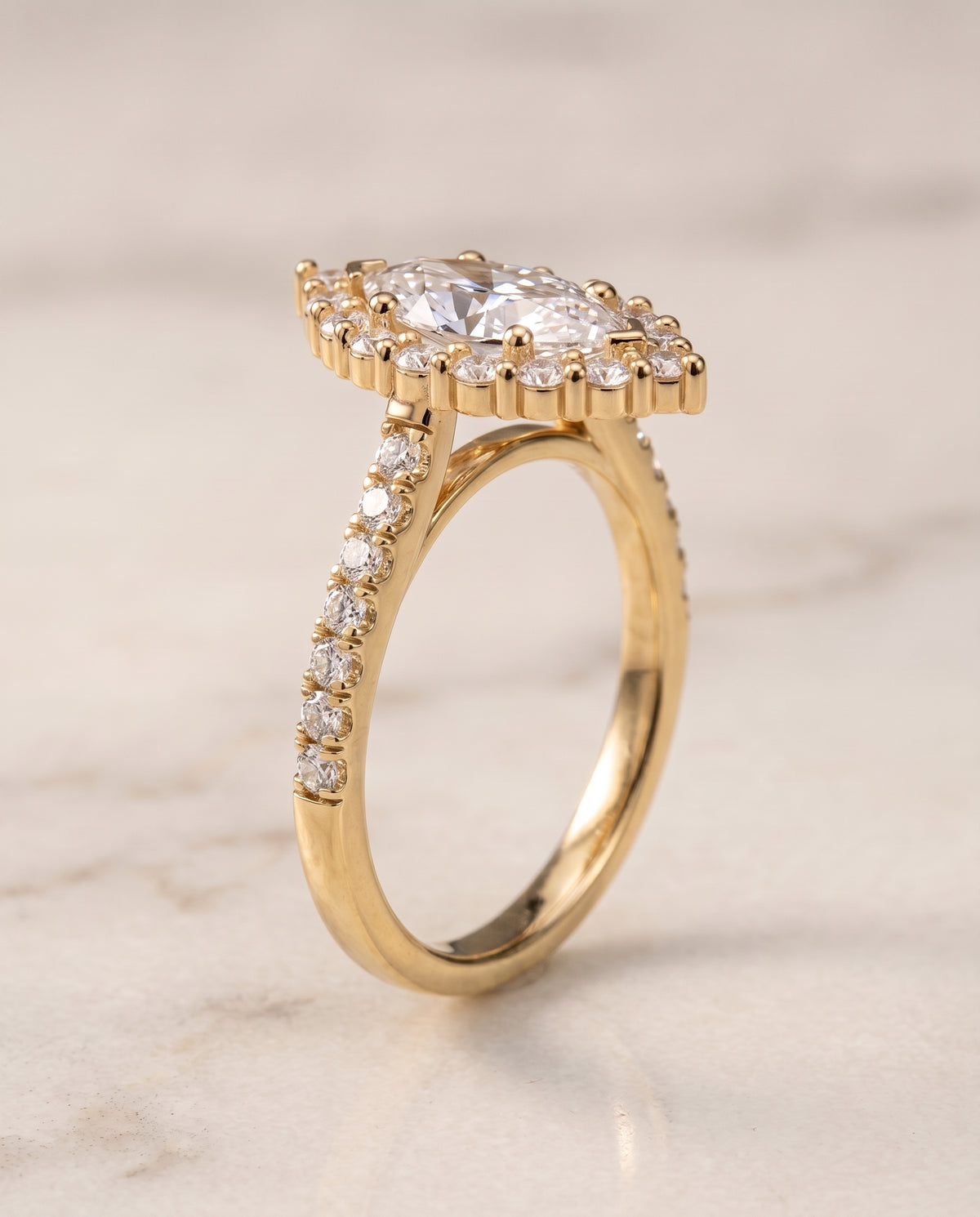Shared Prong Halo styling on The Fiona marquise engagement ring setting | RockHer