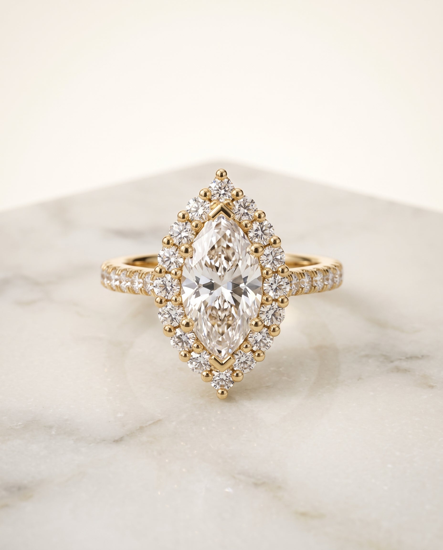 The Fiona Shared Prong Halo Marquise Engagement Ring Setting in 18K Yellow Gold