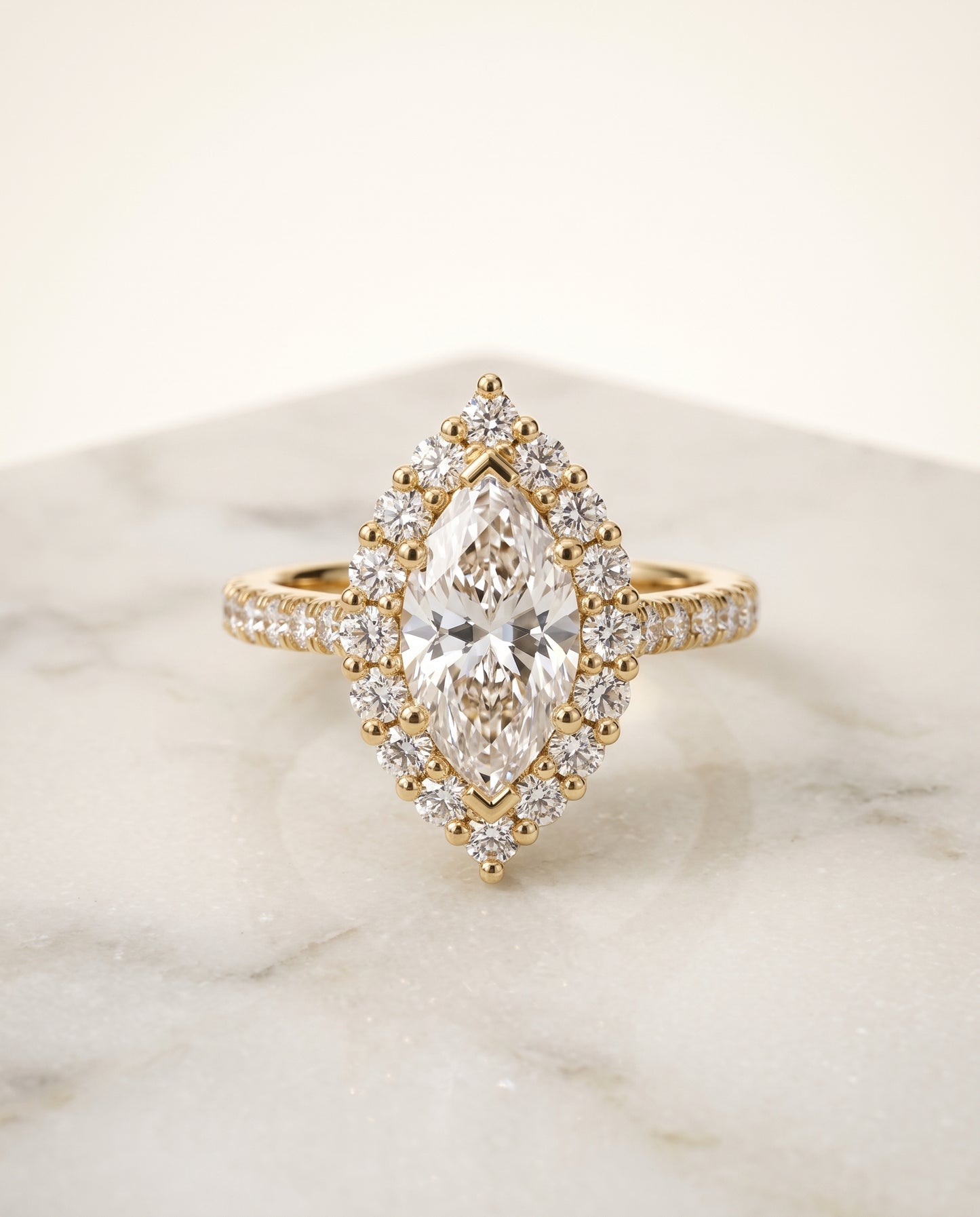 The Fiona Shared Prong Halo Marquise Engagement Ring Setting in 18K Yellow Gold