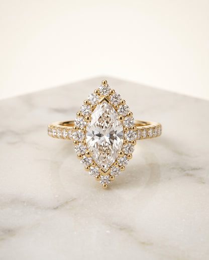 The Fiona Shared Prong Halo Marquise Engagement Ring Setting in 18K Yellow Gold
