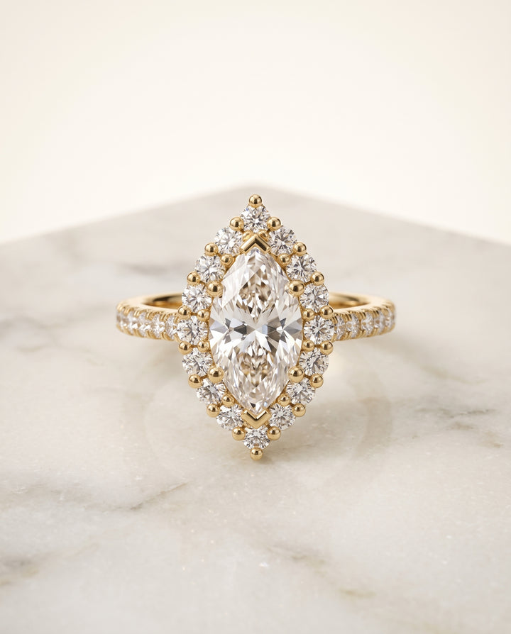The Fiona Shared Prong Halo Marquise Engagement Ring Setting in 18K Yellow Gold