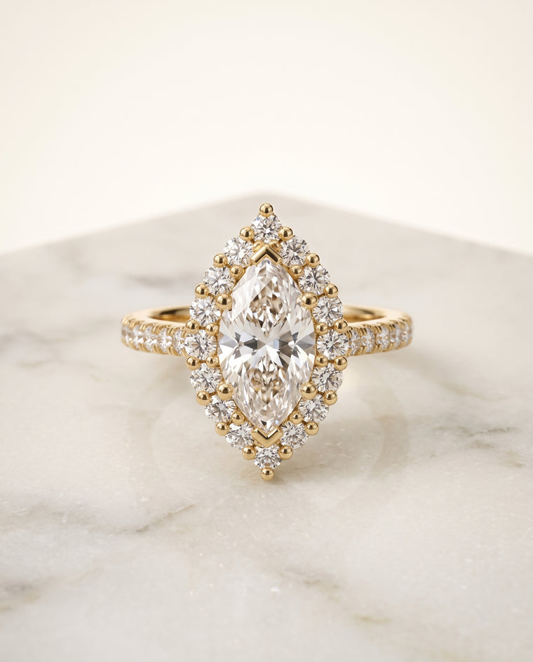 The Fiona Shared Prong Halo Marquise Engagement Ring Setting in 18K Yellow Gold