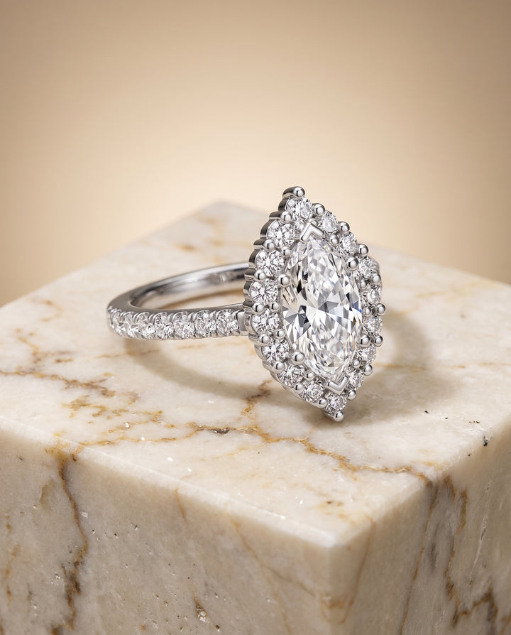 The Fiona Shared Prong Halo Marquise Engagement Ring Setting in Platinum