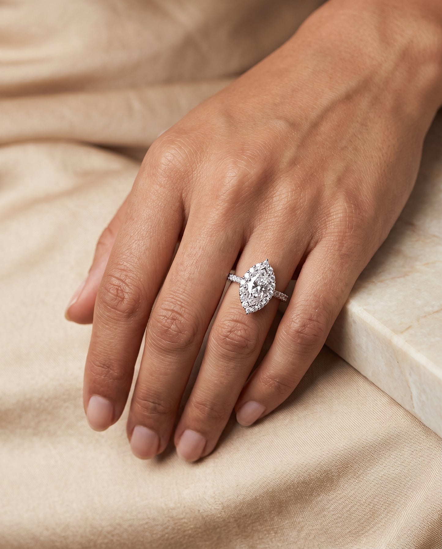 The Fiona Shared Prong Halo Marquise Engagement Ring Setting in Platinum