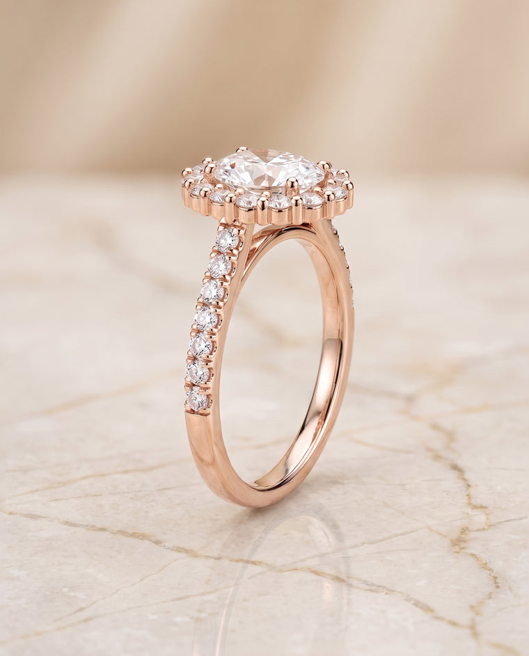 The Fiona Shared Prong Halo Oval Engagement Ring Setting in 14K Rose Gold