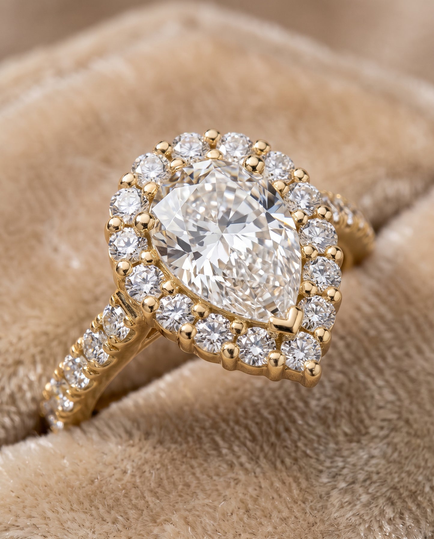 The Fiona Shared Prong Halo Pear Engagement Ring Setting in 18K Yellow Gold