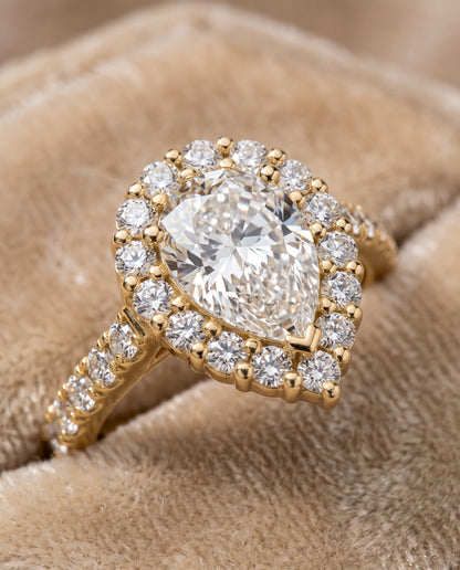 The Fiona Shared Prong Halo Pear Engagement Ring Setting in 18K Yellow Gold