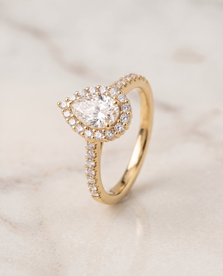 The Fiona Shared Prong Halo Pear Engagement Ring Setting in 18K Yellow Gold