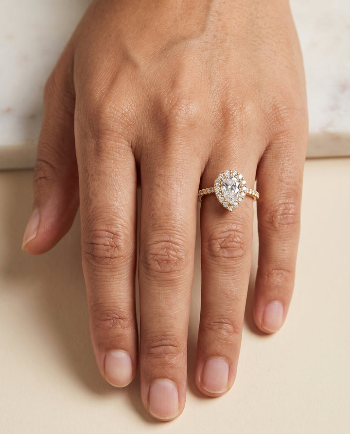 The Fiona Shared Prong Halo Pear Engagement Ring Setting in 18K Yellow Gold