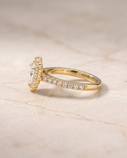 The Fiona Shared Prong Halo Pear Engagement Ring Setting in 18K Yellow Gold