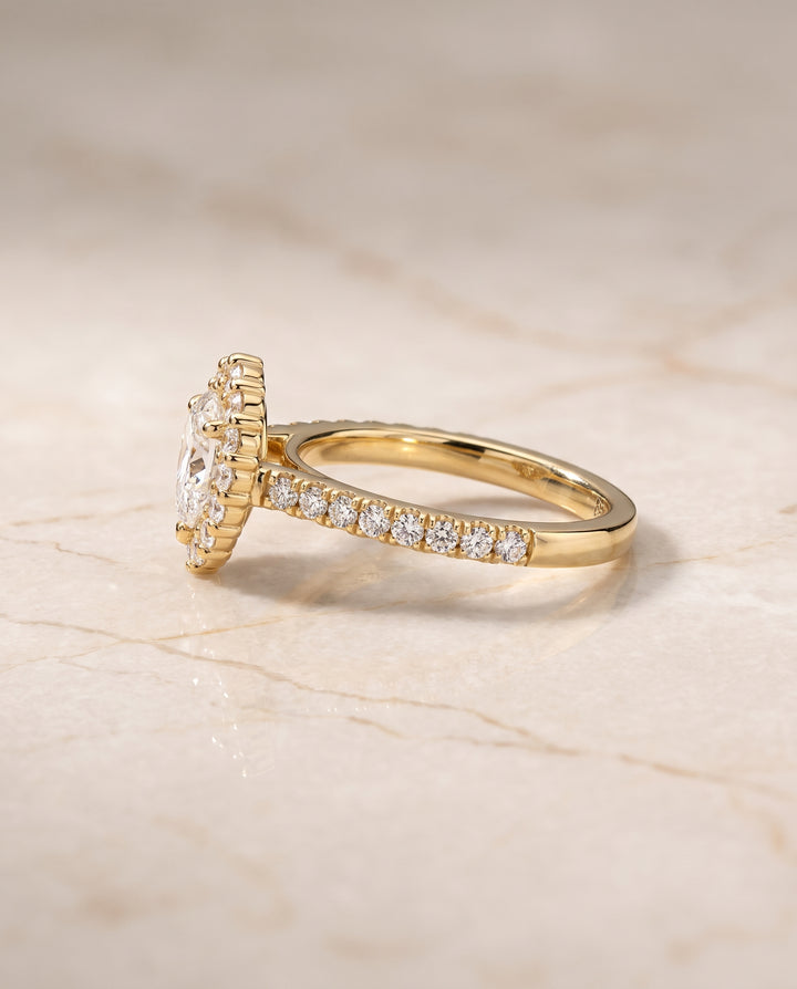 The Fiona Shared Prong Halo Pear Engagement Ring Setting in 18K Yellow Gold