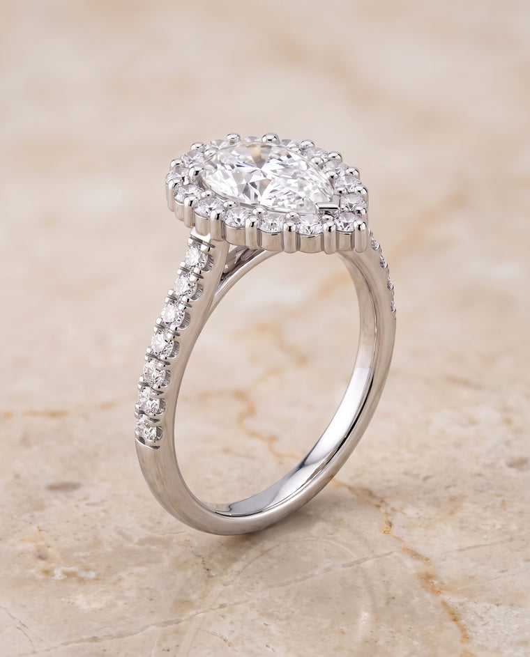 The Fiona Shared Prong Halo Pear Engagement Ring Setting in Platinum