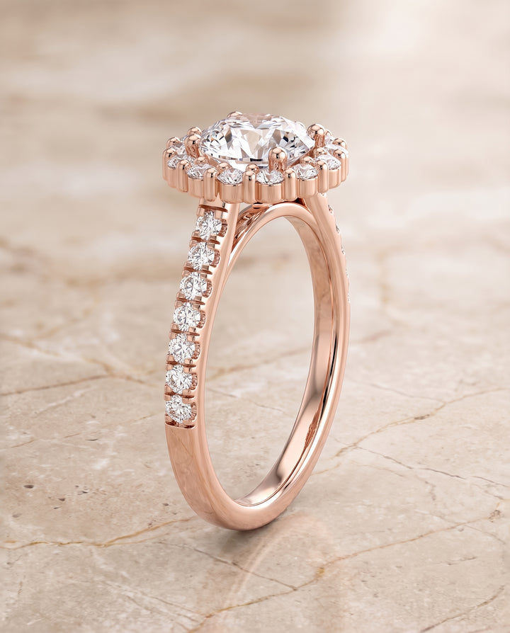 The Fiona Shared Prong Halo Round Engagement Ring Setting in 14K Rose Gold