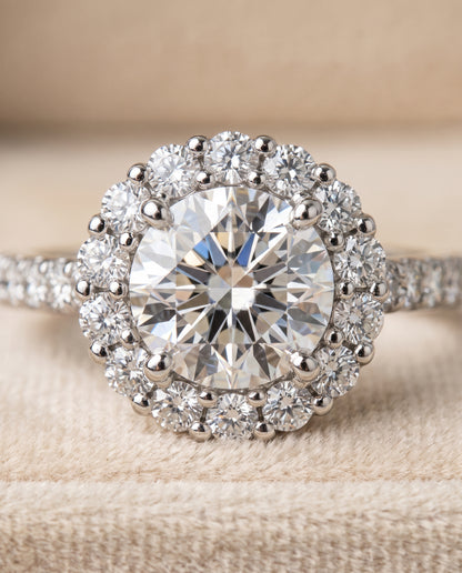The Fiona Shared Prong Halo Round Engagement Ring Setting in Platinum