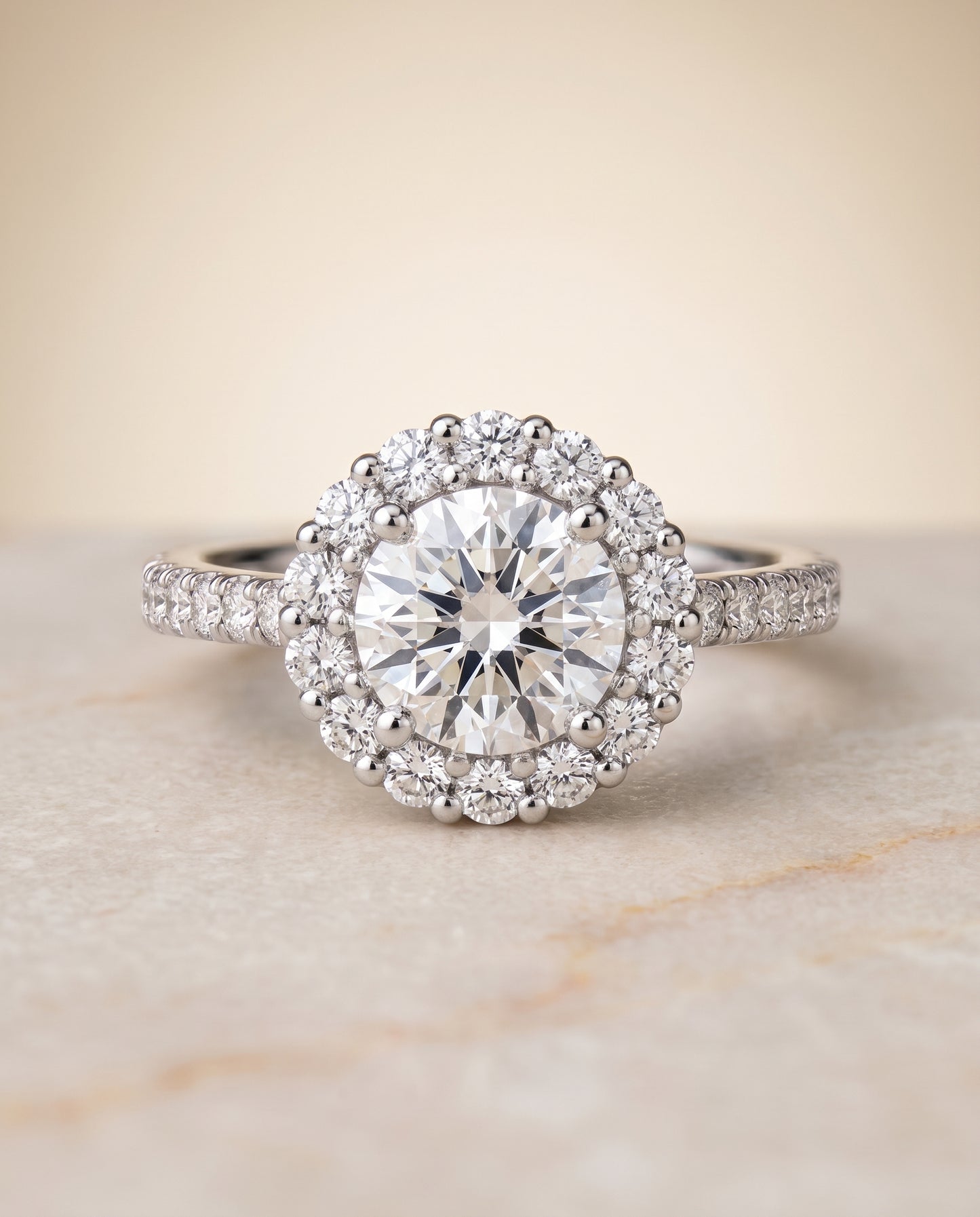 The Fiona Shared Prong Halo Round Engagement Ring Setting in Platinum