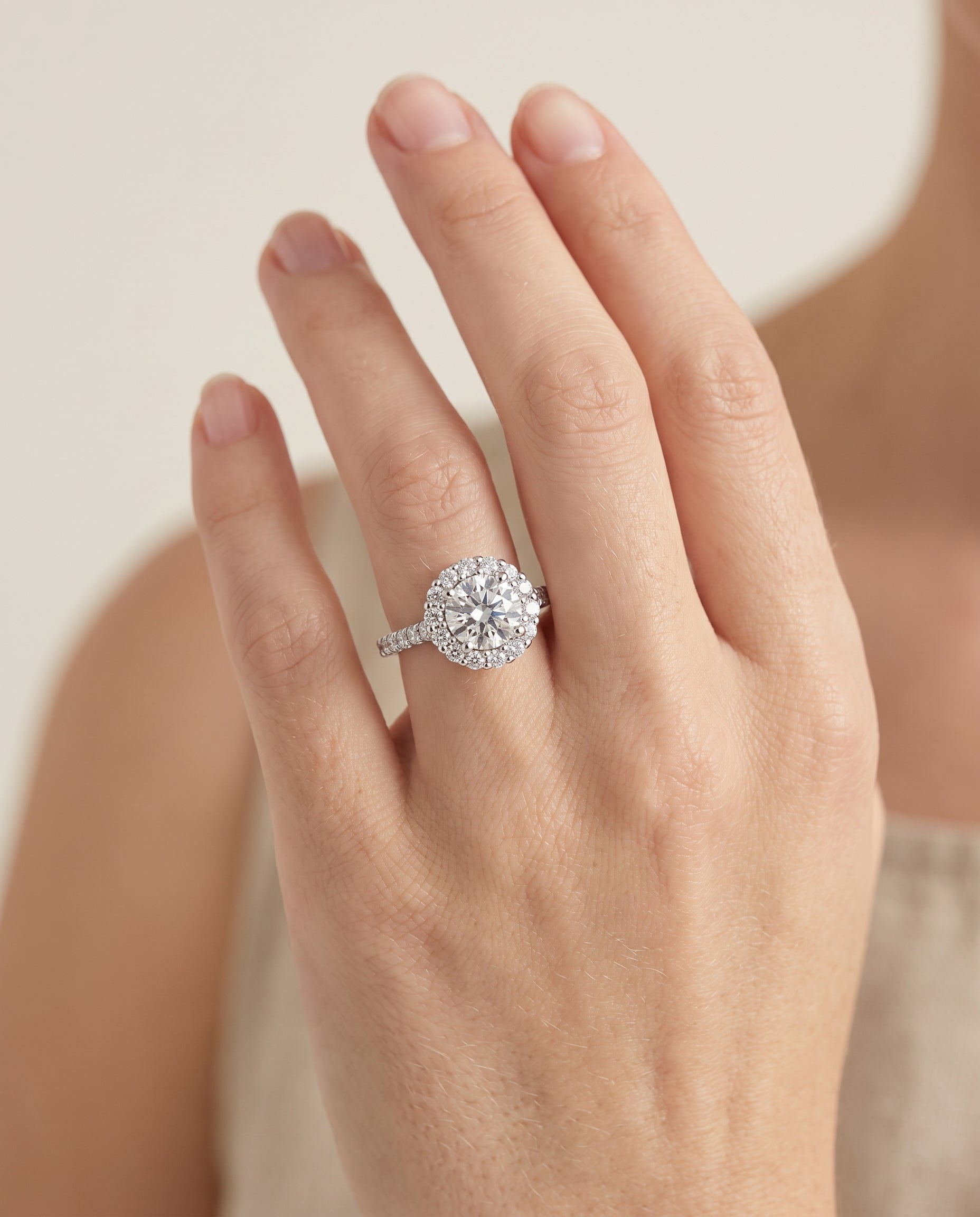 The Fiona engagement ring setting in Platinum, shared prong halo design | RockHer
