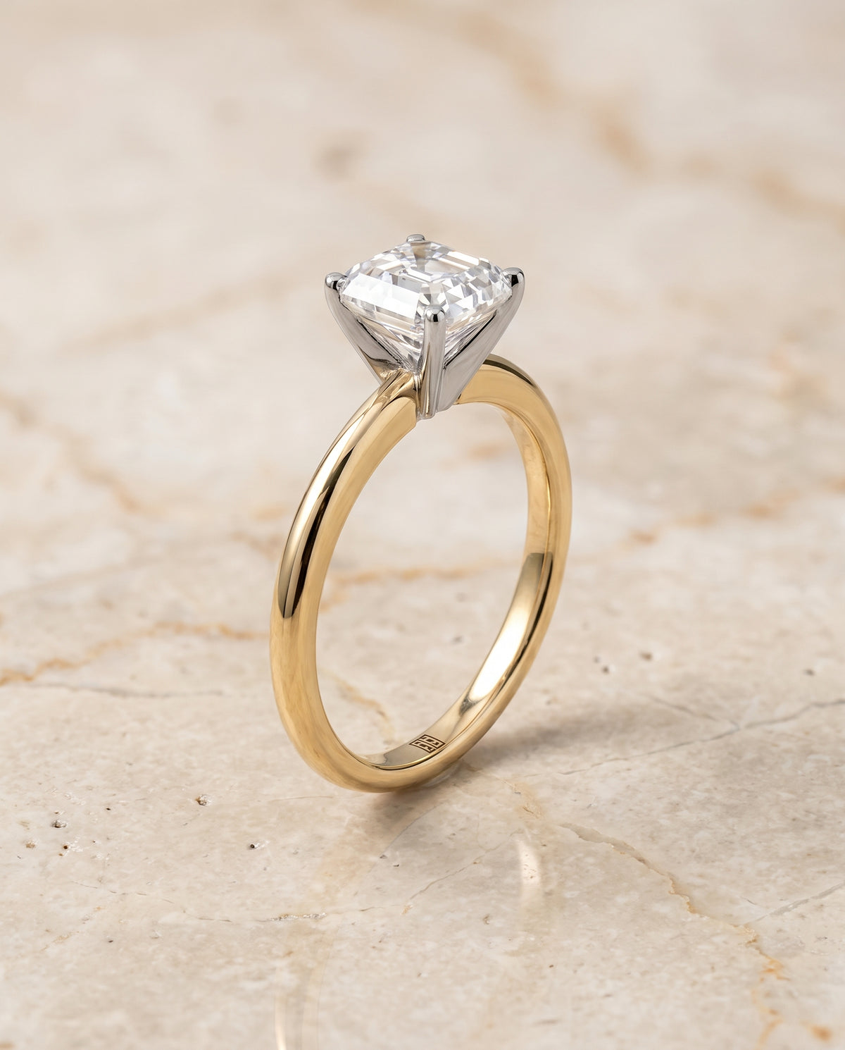 The Floria Comfort Fit Claw Prong Solitaire Asscher Cut Engagement Ring Setting in 18K Yellow Gold