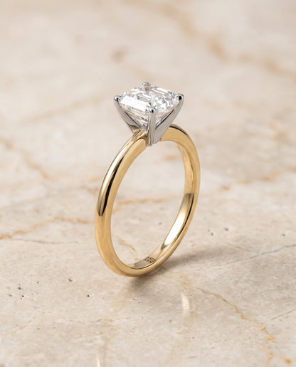 The Floria Comfort Fit Claw Prong Solitaire Asscher Cut Engagement Ring Setting in 18K Yellow Gold