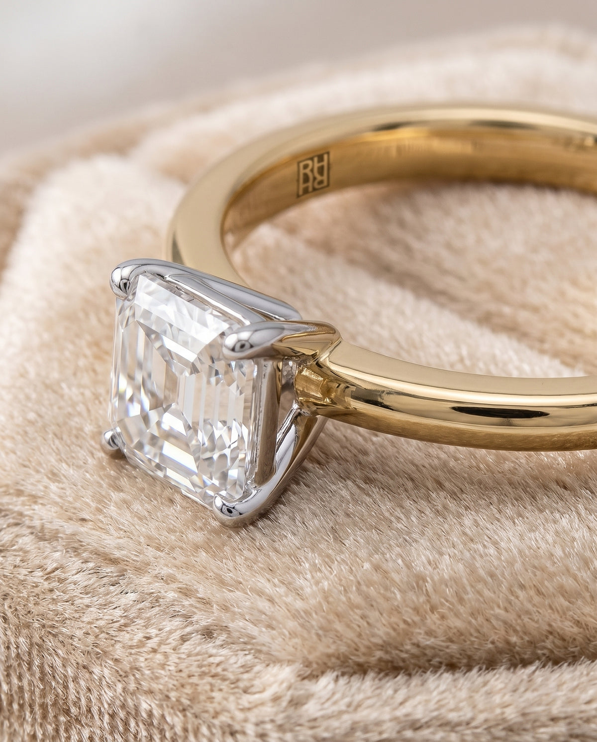 The Floria Comfort Fit Claw Prong Solitaire Asscher Cut Engagement Ring Setting in 18K Yellow Gold