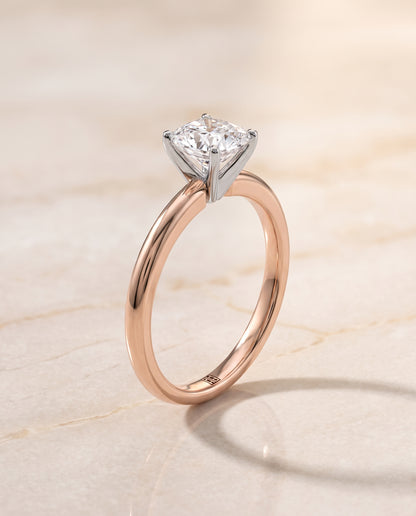 The Floria Comfort Fit Claw Prong Solitaire Cushion Cut Engagement Ring Setting in 14K Rose Gold