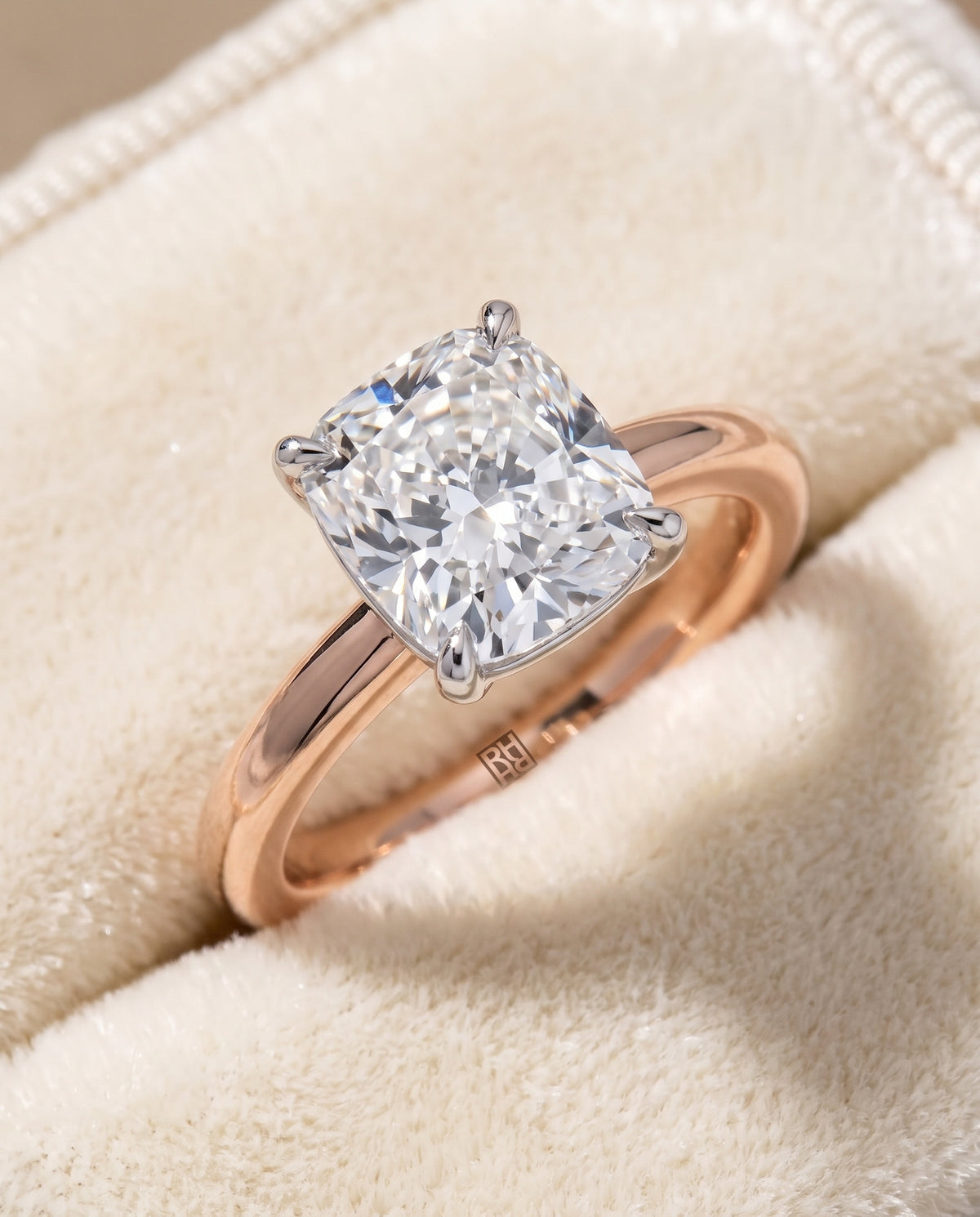 The Floria Comfort Fit Claw Prong Solitaire Cushion Cut Engagement Ring Setting in 14K Rose Gold