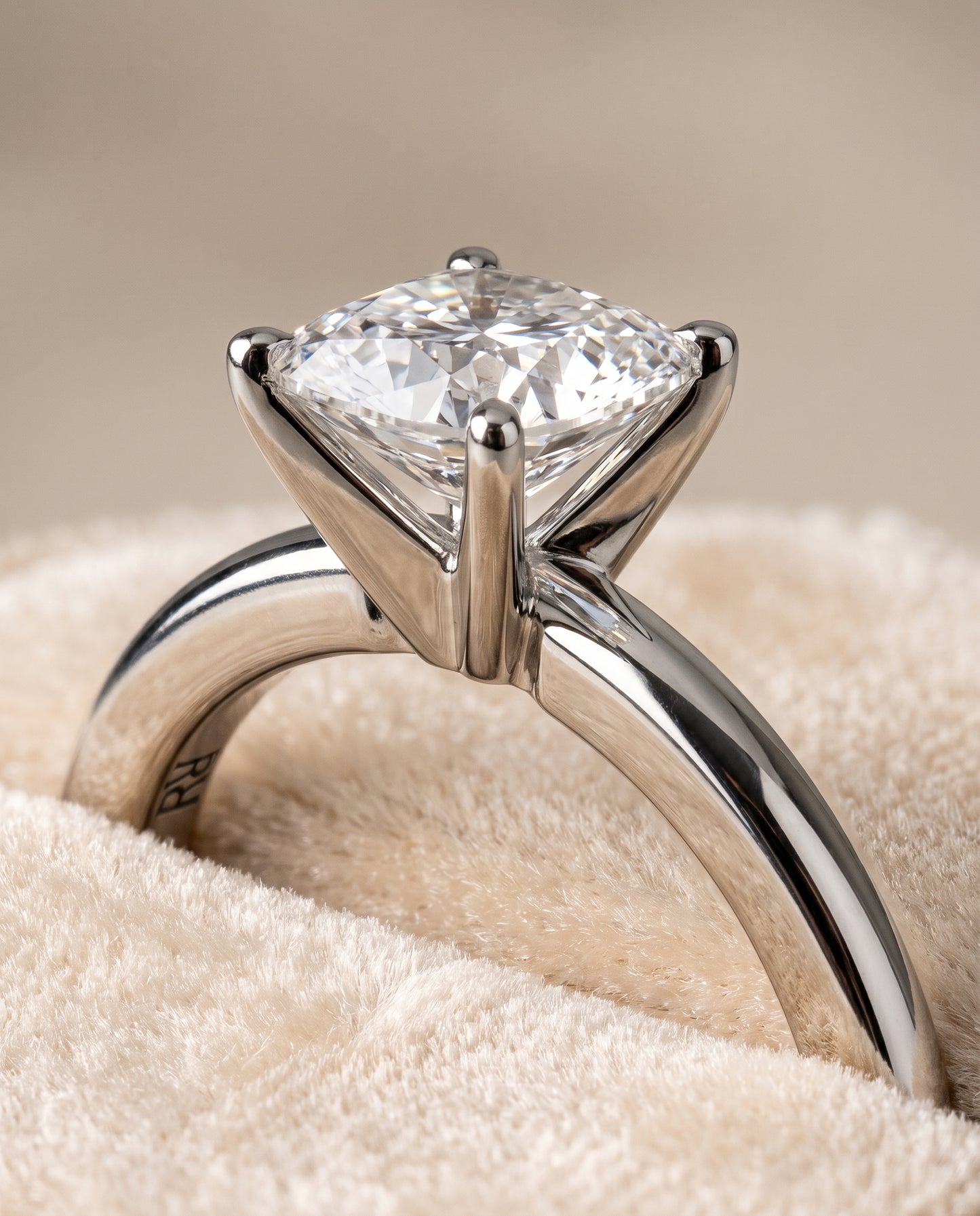 The Floria Comfort Fit Claw Prong Solitaire Cushion Cut Engagement Ring Setting in 18K White Gold