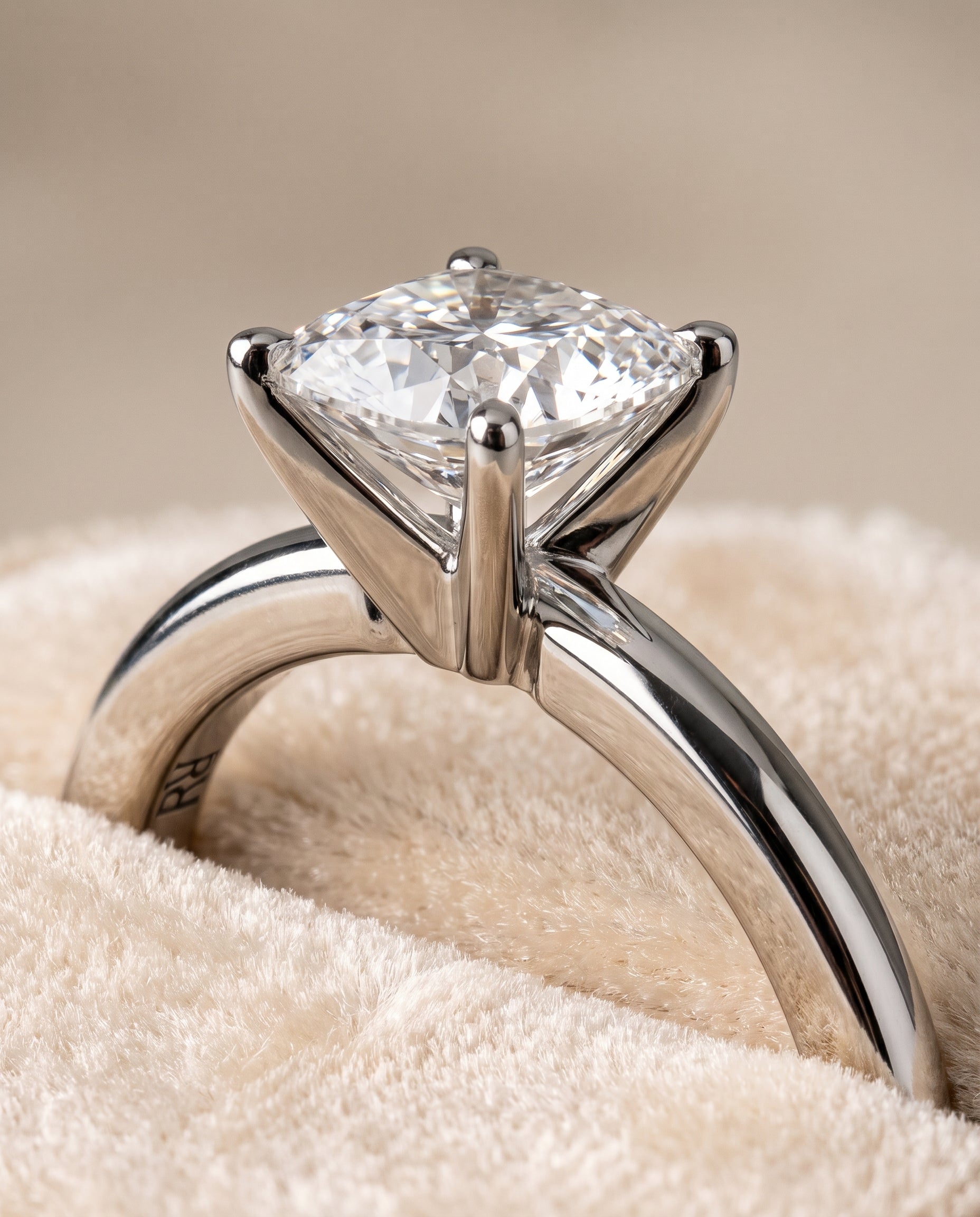 The Floria Comfort Fit Claw Prong Solitaire Cushion Cut Engagement Ring Setting in 18K White Gold