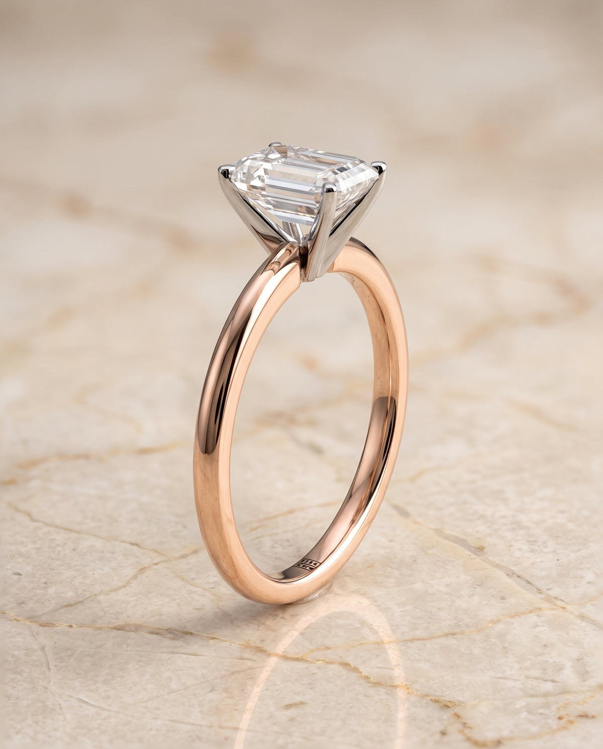 The Floria Comfort Fit Claw Prong Solitaire Emerald Cut Engagement Ring Setting in 14K Rose Gold