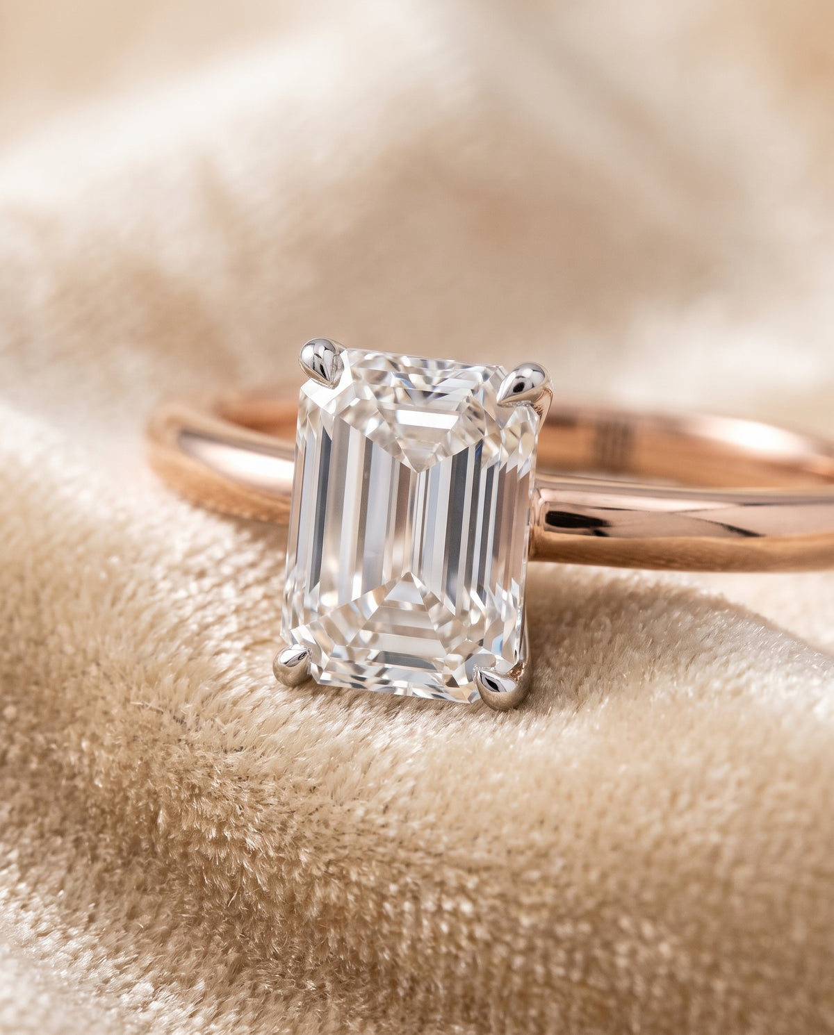 The Floria Comfort Fit Claw Prong Solitaire Emerald Cut Engagement Ring Setting in 14K Rose Gold