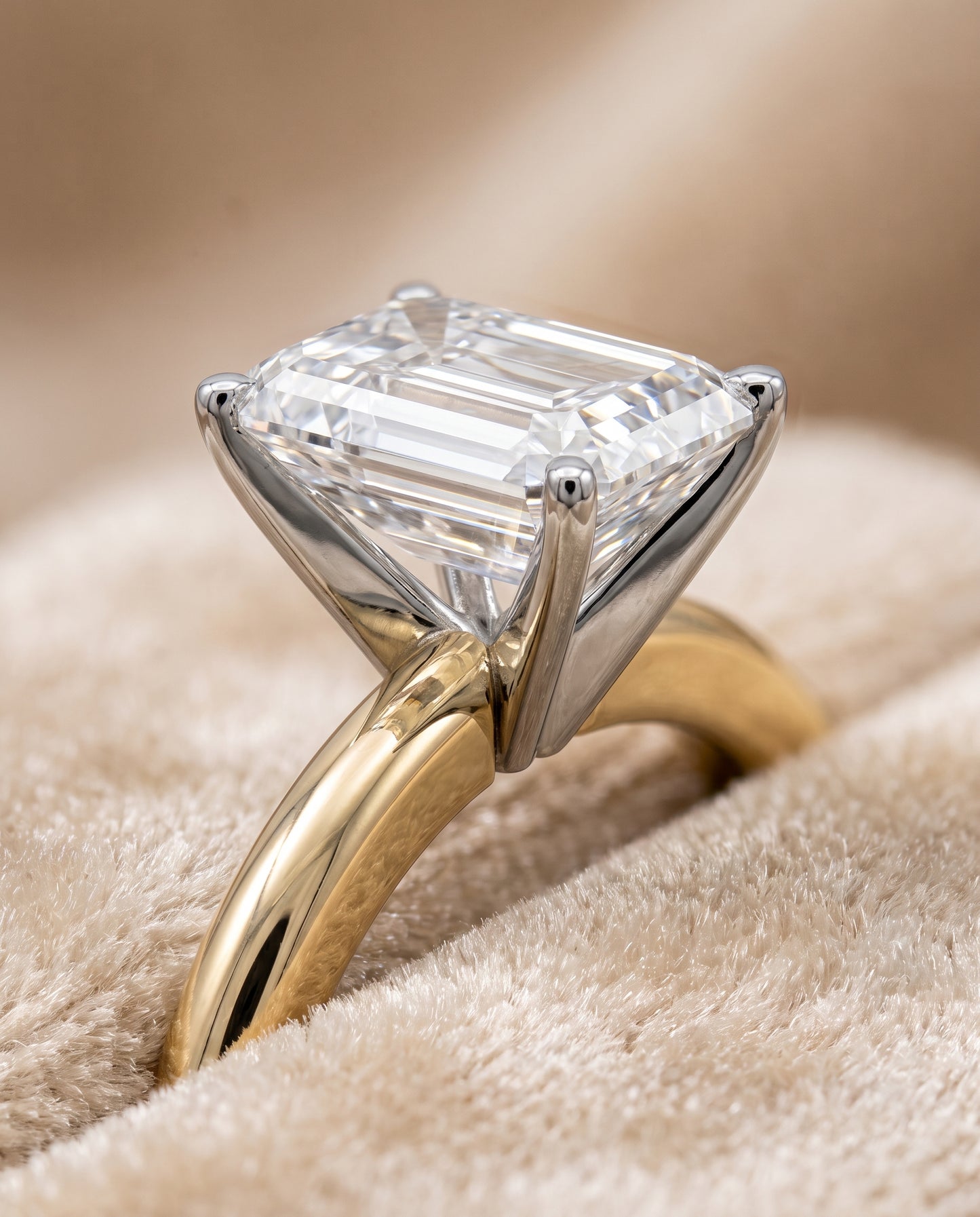 The Floria Comfort Fit Claw Prong Solitaire Emerald Cut Engagement Ring Setting in 18K Yellow Gold