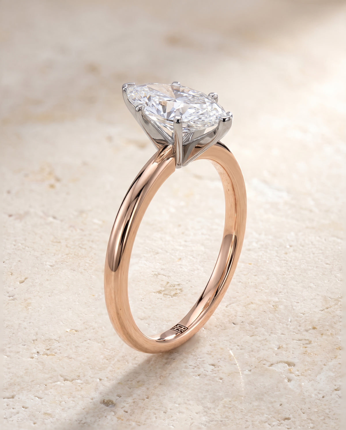 The Floria Comfort Fit Claw Prong Solitaire Marquise Engagement Ring Setting in 14K Rose Gold