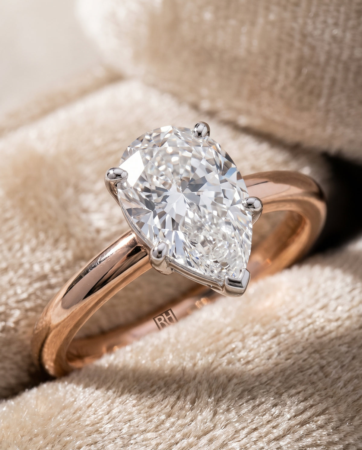 The Floria Comfort Fit Claw Prong Solitaire Pear Engagement Ring Setting in 14K Rose Gold