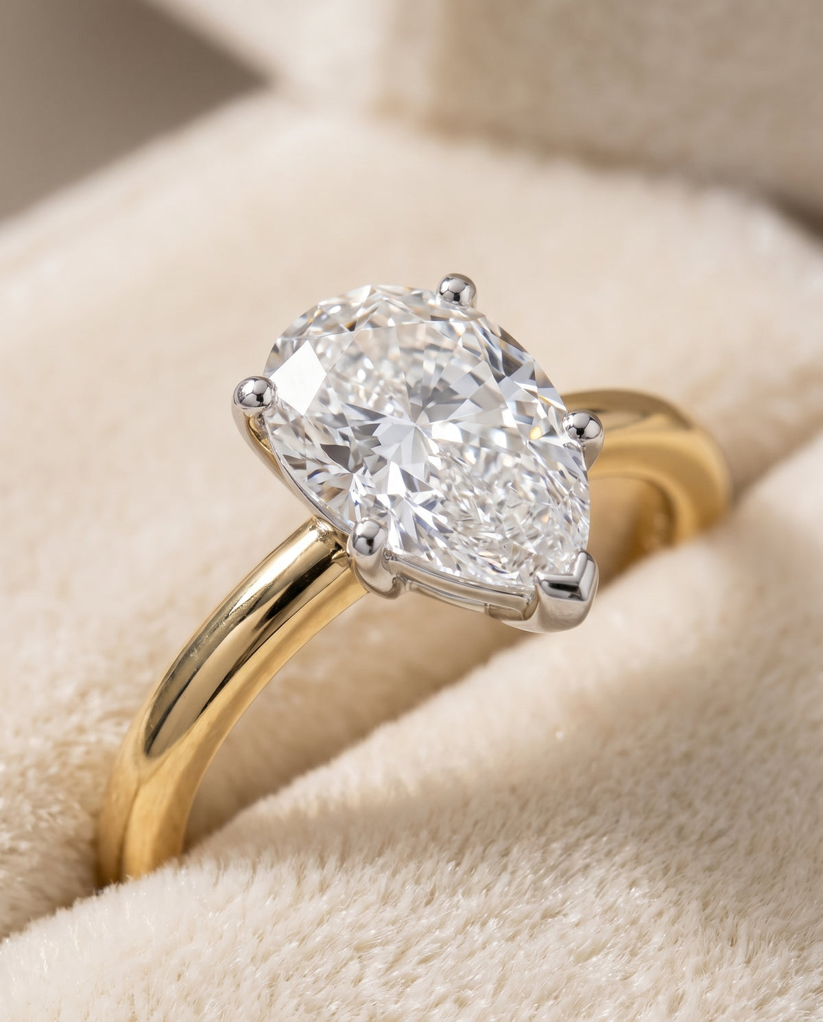 The Floria Comfort Fit Claw Prong Solitaire Pear Engagement Ring Setting in 18K Yellow Gold