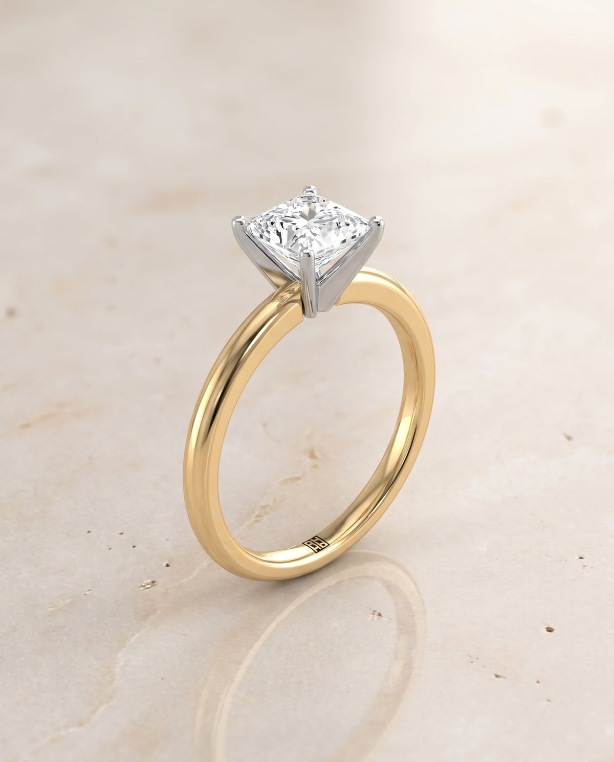 The Floria Comfort Fit Claw Prong Solitaire Princess Cut Engagement Ring Setting in 18K Yellow Gold
