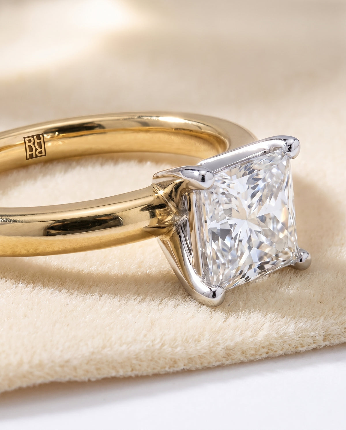 The Floria Comfort Fit Claw Prong Solitaire Princess Cut Engagement Ring Setting in 18K Yellow Gold