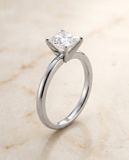 The Floria Comfort Fit Claw Prong Solitaire Princess Cut Engagement Ring Setting in Platinum